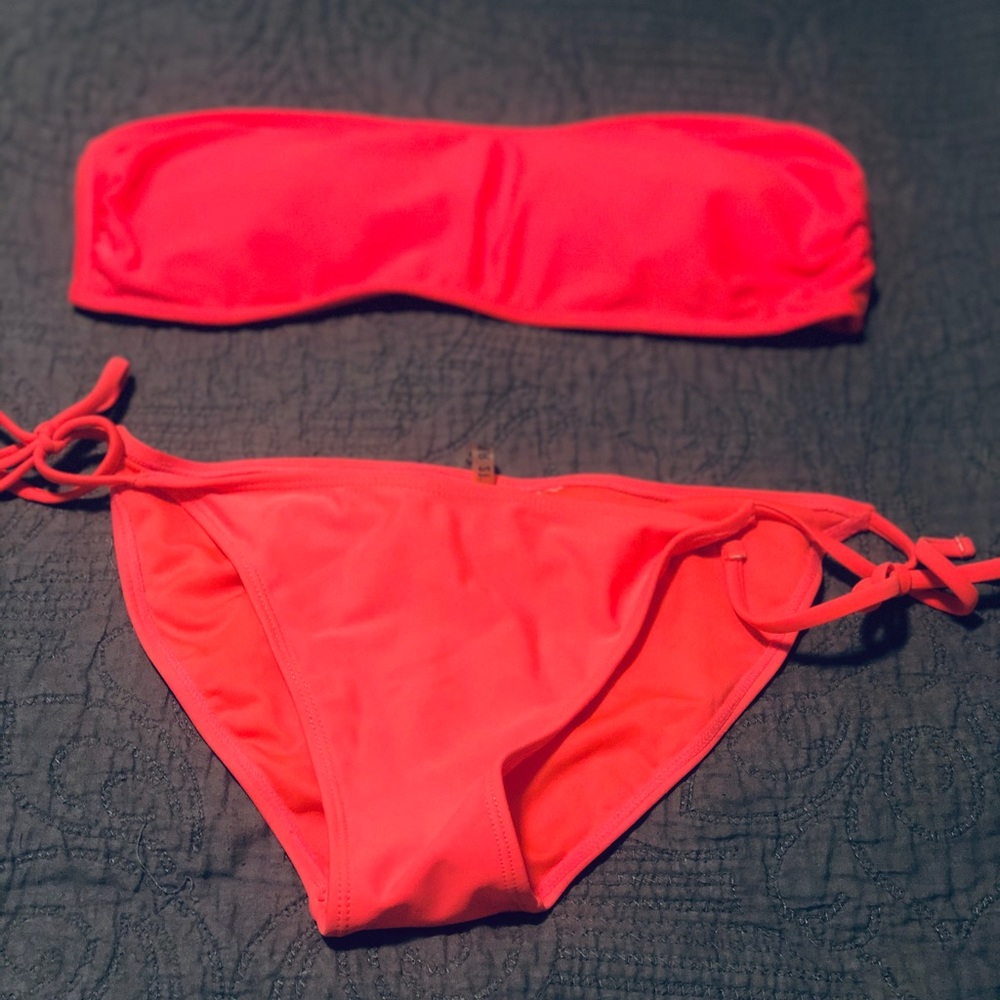Neon Pink Bandeau Bikini String Tie Bottom Size L
